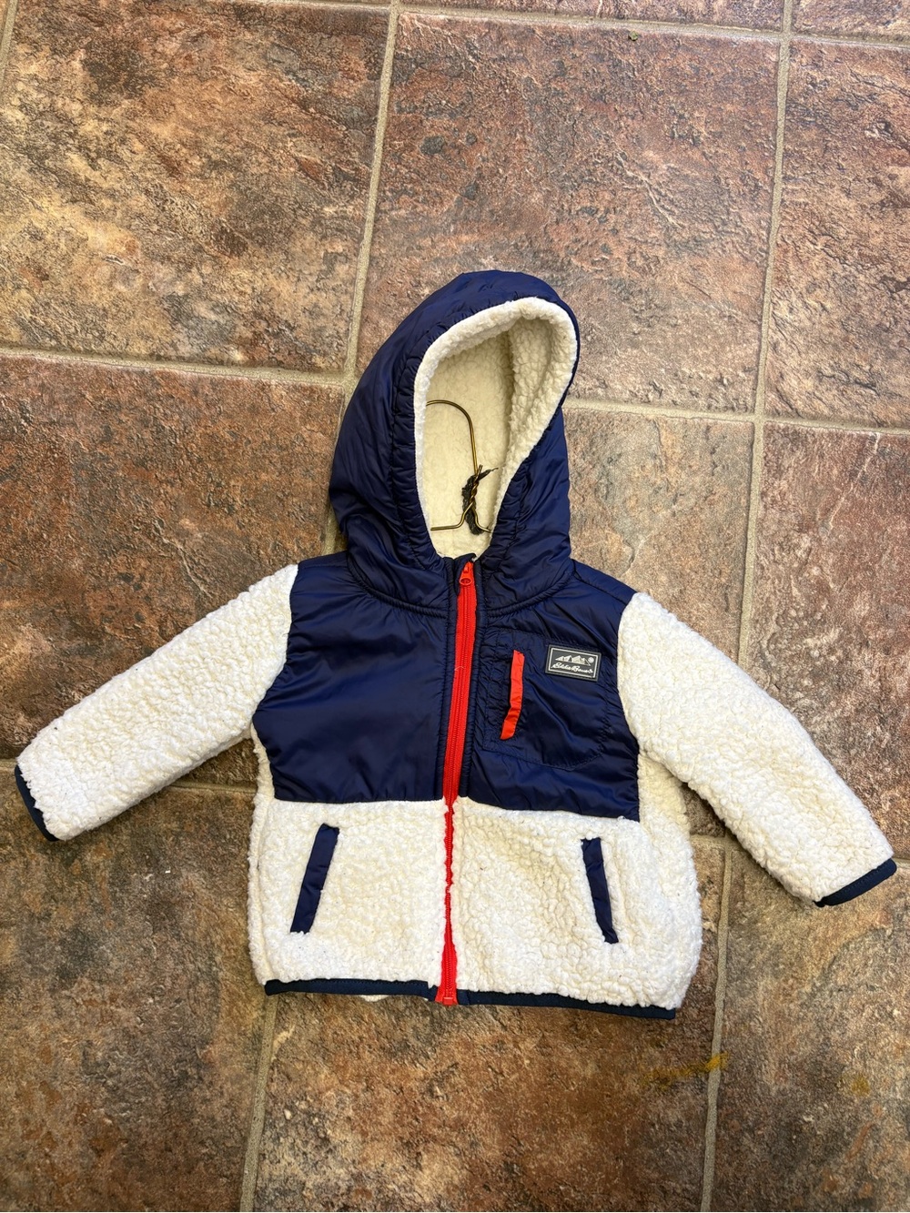 Baby Navy & Cream Sherpa Hooded Jacket with Red Zip Accent
